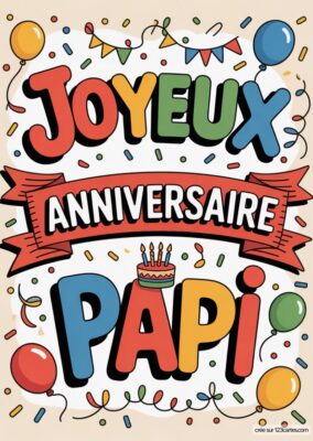 Carte anniversaire pour grand-père à imprimer, avec «Joyeux Anniversaire Papi» coloré, ballons, confettis et gâteau, imprimable, style rétro.