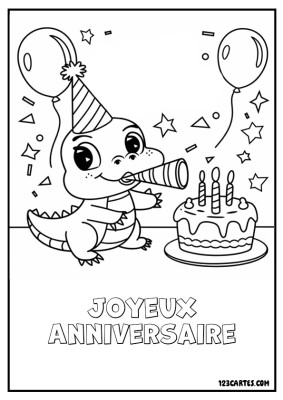 Adorable crocodile avec un chapeau de fête soufflant un serpent de fête devant un gâteau d'anniversaire.