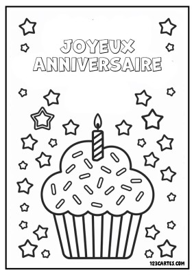 Coloriage d'un gâteau d'anniversaire avec une bougie dessus, entouré d'étoiles.