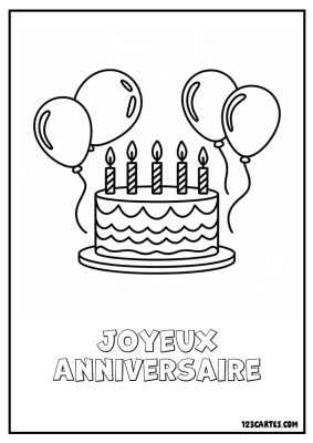 Coloriage d'un gâteau d'anniversaire orné de cinq bougies, accompagné de plusieurs ballons.