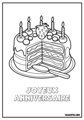 Coloriage d'un gâteau d'anniversaire décoré avec des bougies, des fruits.