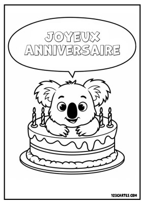 Koala joyeux sortant d'un gâteau d'anniversaire.