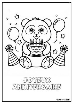 Panda avec un gâteau d'anniversaire, entouré de ballons et d'étoiles.