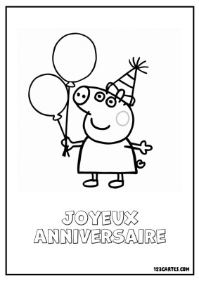 Peppa pig avec un chapeau de fête tenant deux ballons.