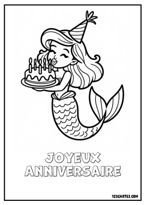 Sirène nageant et soufflant les bougies d'un gâteau.