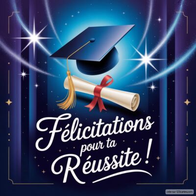 Une carte virtuelle avec un chapeau de diplômé et un rouleau de diplôme, accompagnée du texte « Félicitations pour ta Réussite ! » sur fond étoilé.