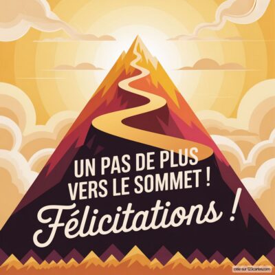 Carte virtuelle de félicitations pour une promotion, avec une montagne et un chemin menant au sommet, ensoleillé et coloré.