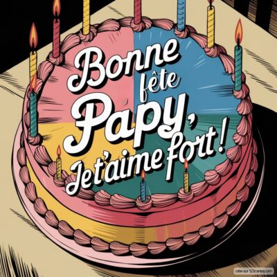 Gâteau d'anniversaire décoré avec des bougies et le message : Bonne fête Papy, je t'aime fort ! sur un fond coloré.