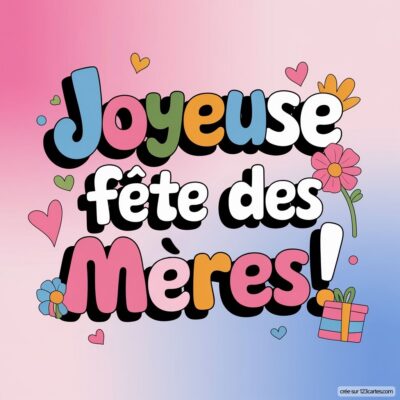 Carte colorée pour la fête des mères avec 'Joyeuse fête des Mères' et des motifs de fleurs et de cœurs.