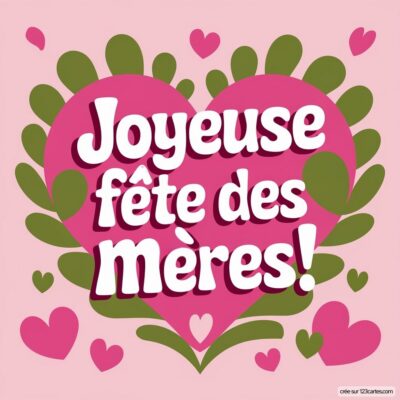 Carte virtuelle rose avec un grand cœur et des feux d'artifice verts, portant l'inscription Joyeuse fête des mères ! en lettres blanches.