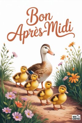 Carte « Bon Après-Midi » avec canard et ses canetons sur un chemin fleuri. Couleurs douces, texte en lettres cursives, fleurs roses et oranges.