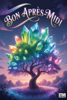 Arbre aux cristaux multicolores, titre « Bon Après-Midi » sur fond de coucher de soleil. Cristaux verts, bleus, oranges ornent l'arbre, ciel violet et rose.