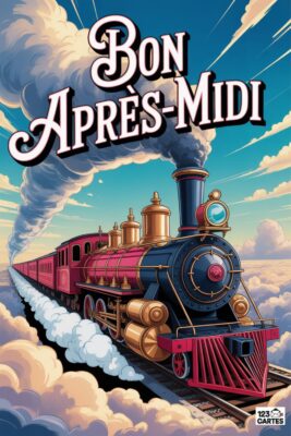 Locomotive rouge et bleue traversant les nuages, avec l'inscription « Bon Après-Midi ». Ciel bleu clair. Train à vapeur sur rails. Fumée blanche.