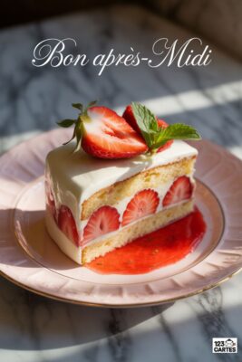 Gâteau aux fraises sur assiette rose. Biscuit, crème blanche, fraises fraîches. Coulis rouge. Inscription « Bon Après-Midi ». Décoration menthe. Lumière naturelle.