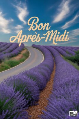 Champ de lavande en fleurs bordant une route sinueuse. Ciel bleu nuageux. Texte « Bon Après-Midi » en lettres cursives beiges. Paysage estival.