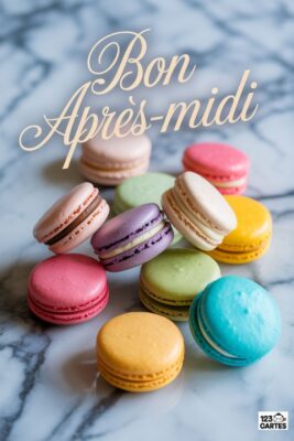 Macarons colorés sur fond marbré, texte « Bon Après-Midi ». Rose, violet, jaune, vert, bleu, beige. Gourmandise et douceur. Carte de vœux.