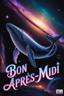 Baleine bleue flottant dans l'espace, devant une galaxie spirale aux couleurs vives. Texte « Bon Après-Midi » en rose et bleu. Fond noir étoilé.