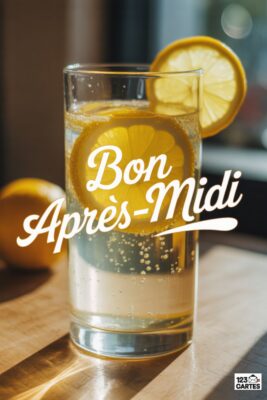 Verre de boisson pétillante avec rondelles de citron. « Bon Après-Midi » en blanc. Citron entier sur bois clair. Lumière naturelle. Rafraîchissant.