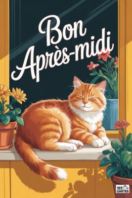 Chat roux paisible sur un rebord de fenêtre ensoleillé. Fleurs en pot, texte « Bon Après-Midi » blanc. Fond sombre, cadre jaune. Détente et sérénité.