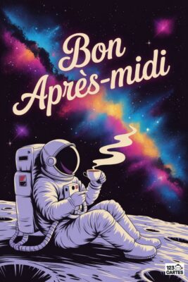 Astronaute assis sur la lune, savourant une tasse de café, avec un fond de ciel étoilé aux couleurs vives. Texte « Bon Après-Midi » en blanc.