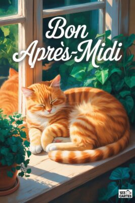 Chat roux endormi sur un rebord de fenêtre ensoleillé. Verdure luxuriante en arrière-plan. Texte « Bon Après-Midi » en blanc. Style de dessin animé.