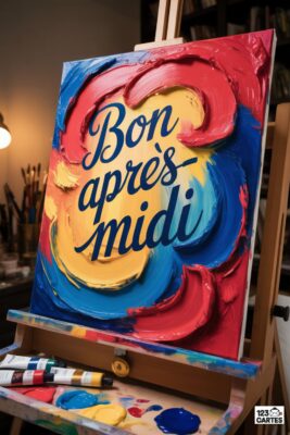 Tableau « Bon Après-Midi » sur chevalet. Couleurs vives : rouge, bleu, jaune. Texte calligraphié. Palette et tubes de peinture en bas. Atelier d'artiste.