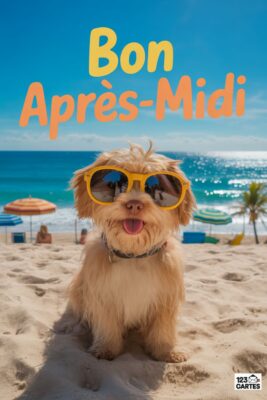 Chien souriant sur plage, lunettes de soleil jaunes. Texte « Bon Après-Midi » sur fond bleu ciel et mer. Sable clair, parasols et palmiers.