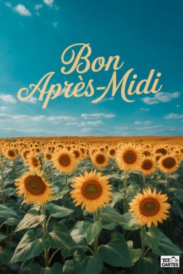 Champ de tournesols en fleurs sous un ciel bleu clair. Texte « Bon Après-Midi » en lettres dorées. Paysage ensoleillé, carte postale.