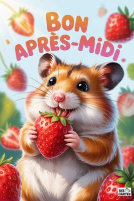 Hamster mangeant une fraise rouge, texte « Bon Après-Midi ». Fond bleu clair avec fraises. Rongeur aux couleurs marron, blanc et orange.