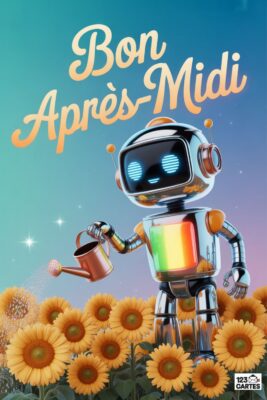 Robot chrome arrosant des tournesols, texte « Bon Après-Midi ». Ciel bleu et dégradé, robot avec écran lumineux et arc-en-ciel. Fleurs jaunes.