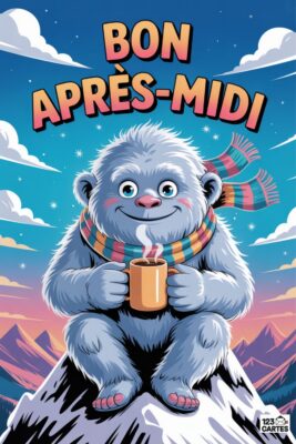Yéti souriant, écharpe colorée, tasse fumante, assis sur une montagne enneigée. Ciel bleu, montagnes en arrière-plan. Texte « Bon Après-Midi ».