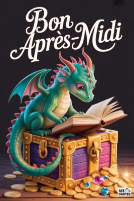 Un jeune dragon vert lit un livre ouvert sur un coffre au trésor. Pièces d'or, bijoux, et inscription « Bon Après-Midi » sur fond noir.