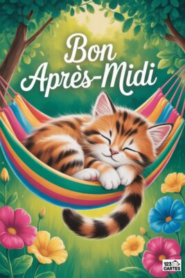 Chat tigré dormant paisiblement dans un hamac coloré, sous un message « Bon Après-Midi ». Fleurs roses, jaunes et bleues en bas, fond vert.