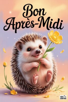 Un hérisson souriant tient une fleur jaune, texte « Bon Après-Midi ». Fond pastel rose, jaune et violet. Petites fleurs et pétales éparpillés.