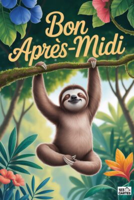 Paresseux souriant suspendu à une branche, entouré de végétation luxuriante. Texte « Bon Après-Midi » en lettres dorées. Couleurs vives, tons verts, bleus et orangés.