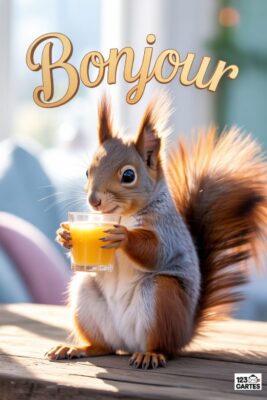 Écureuil tenant un verre de jus d’orange, sur une table en bois. Le mot «Bonjour» doré surplombe. Fond flou avec coussins bleus et lumière naturelle.