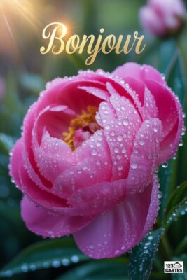 Gros plan d’une pivoine rose avec des gouttes d’eau. Le mot «Bonjour» doré est écrit au-dessus. Fond vert flou avec des feuilles et une autre fleur.