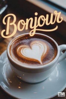 Tasse de café au lait avec motif cœur, sur soucoupe blanche. Le mot «Bonjour» en lettres dorées surplombe la boisson. Fond flou en bois.