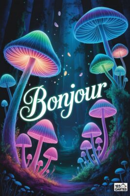 Champignons fluorescents multicolores dans une forêt sombre. Le mot «Bonjour» en blanc est écrit au centre. Couleurs vives : bleu, rose, vert.