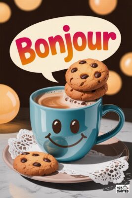 Tasse bleue souriante de café, biscuits aux pépites de chocolat, bulle «Bonjour» rose et orange. Décoration de dentelle et boules dorées en arrière-plan.