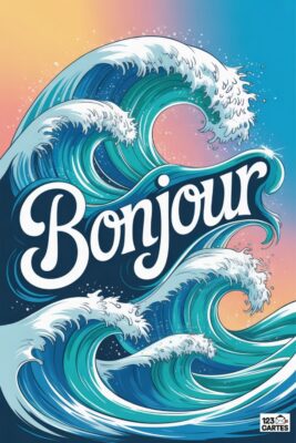 Vagues bleues et blanches stylisées avec le mot «Bonjour» en blanc. Ciel dégradé rose et bleu. Style graphique, rappelant les estampes japonaises.