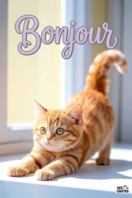 Chat roux tigré qui s’étire sur un rebord de fenêtre. Le mot «Bonjour» en lettres cursives lilas surplombe le chat. Lumière naturelle.