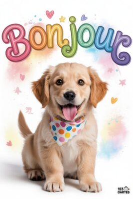 Chiot Golden Retriever souriant avec foulard à pois, mot «Bonjour» arc-en-ciel. Fond blanc avec coeurs et étoiles. Carte de voeux joyeuse.