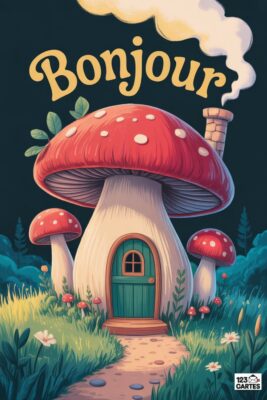 Maison champignon rouge et blanc avec porte verte, entourée de champignons, chemin et végétation. Le mot «Bonjour» en lettres dorées.