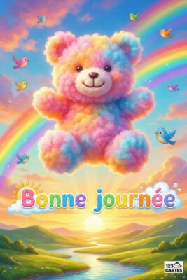Ours en peluche multicolore flottant devant un arc-en-ciel. Petits oiseaux, montagnes verdoyantes et soleil. Texte «Bonne journée» en couleurs vives.