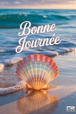 Coquillage nacré sur plage, vagues bleues et ciel orangé. Texte «Bonne journée» en blanc. Carte de vœux estivale, bord de mer.