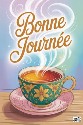 Tasse de thé fumante avec inscription «Bonne journée». Tasse verte ornée de fleurs, sur une soucoupe rose. Fond pastel avec des volutes.