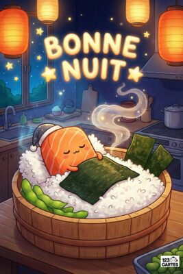 «Bonne nuit» avec un saumon endormi dans un bol de riz, couvert d’algues nori. Lanternes oranges, étoiles et cuisine en arrière-plan, tons bleus et chauds.