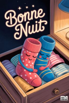 Tiroir de chaussettes avec chaussettes souriantes. Une rose à pois et une bleue rayée se serrent. «Bonne nuit» en lettres blanches sur fond bleu nuit avec étoiles.
