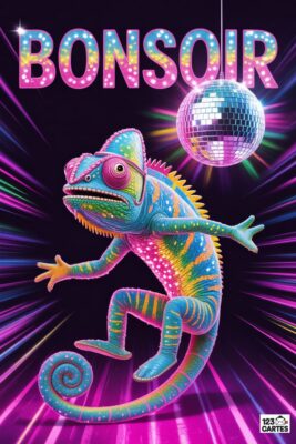 Chameleon multicolore dansant devant une boule disco. Texte «BONSOIR» en lettres lumineuses. Fond noir avec rayons violets et roses. Style pop art.